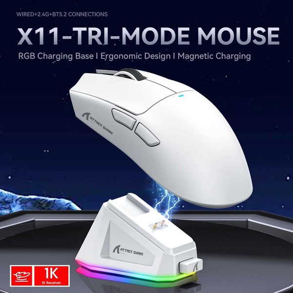 x11 Gaming Mouse with RGB Charging Base Bluetooth 2.4GHz Wireless Tri-mode Connection Wired Mice for PCLX241024