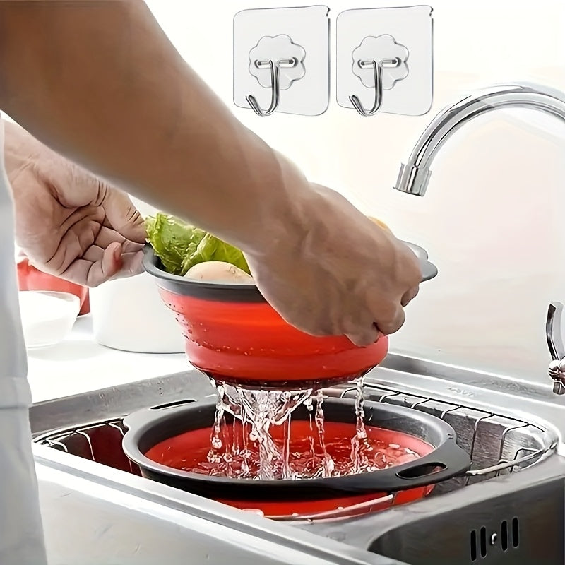 TEMU 4pcs Silicone Collapsible Colander & Hooks, Kitchen Sink Strainer And Fruit Basket - Perfect For Draining Pasta, Vegetable And Fruit, Suitable
