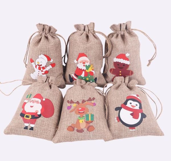 Christmas Burlap Linen Drawstring Bag Gift Wraps Santa Claus Snowman Penguin Elk Candy Jewelry Packaging Present Storage Bags Xmas Favors De