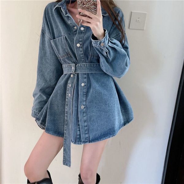 Ethnic Clothing Spring temperament hundred take care of skinny age reduction in the long paragraph waist belt denim jacket Korean pocket top