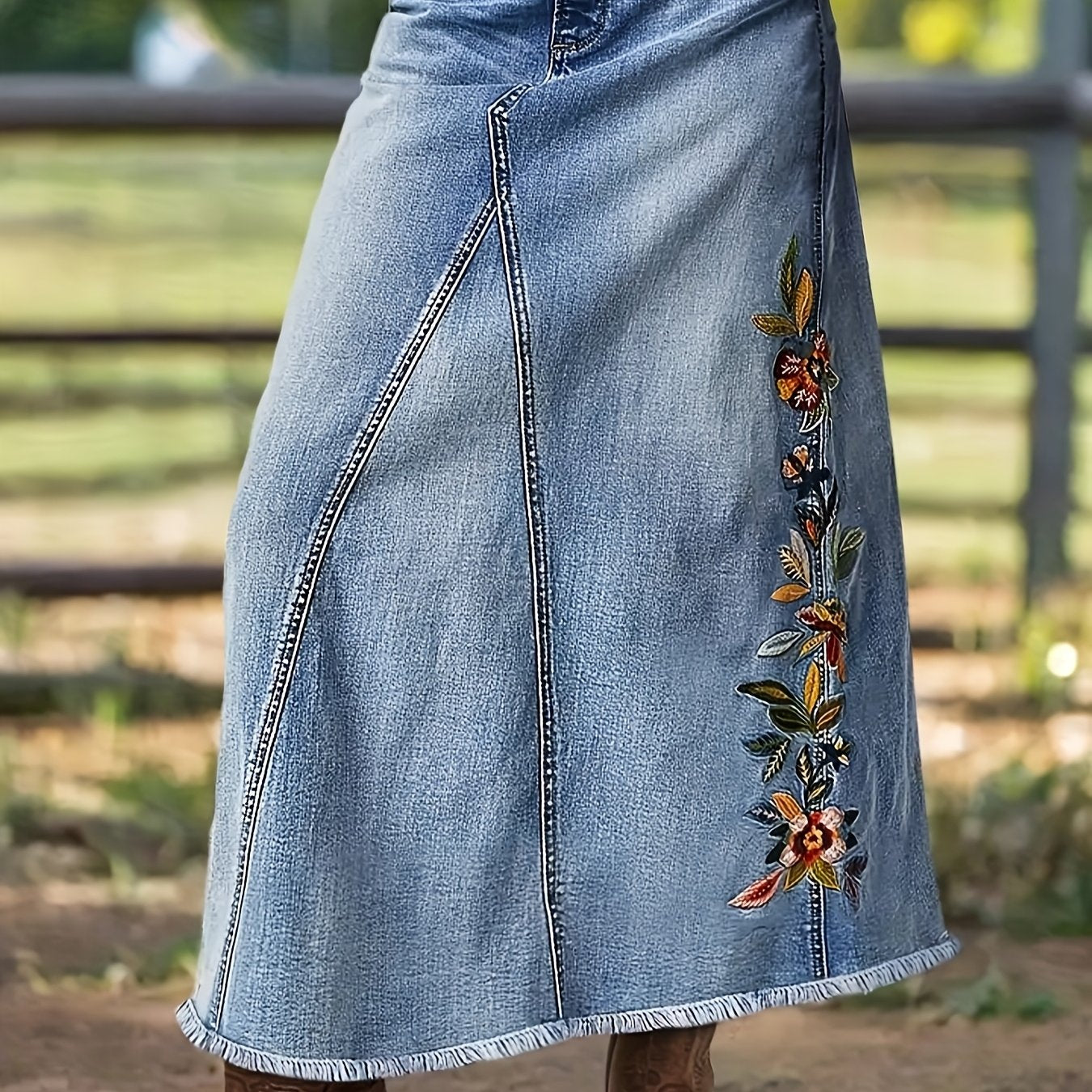 TEMU 2025 New Retro Flower Embroidered Women's Denim Skirt, Denim Skirt, Women's Casual Denim, Light Blue Denim, Spring-summer-fall Wear, Comfortable
