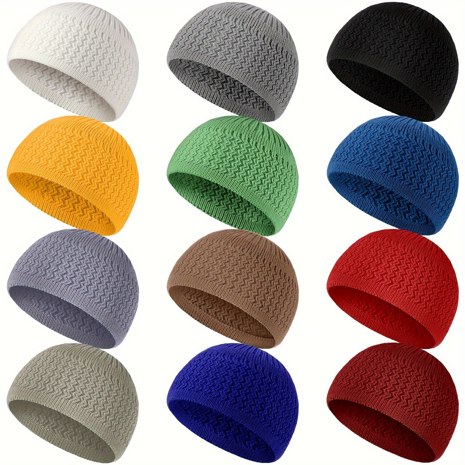 TEMU 12pcs Breathable Knit Kufi Beanies For - Skull Caps With Hexagonal Pattern, Dark Color , Sporty Style Crochet Hats For Ramadan & Casual Attire