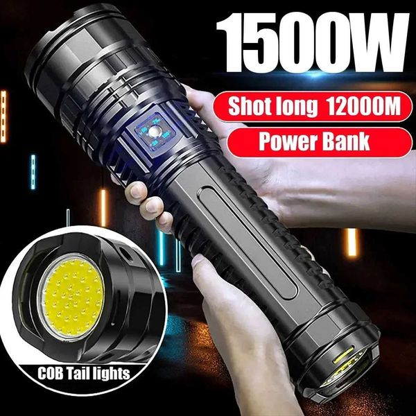 Ultra bright flashlight with built-in battery flash emergency spotlight 12km 1500W the most powerful LED flashlight tactical X241109
