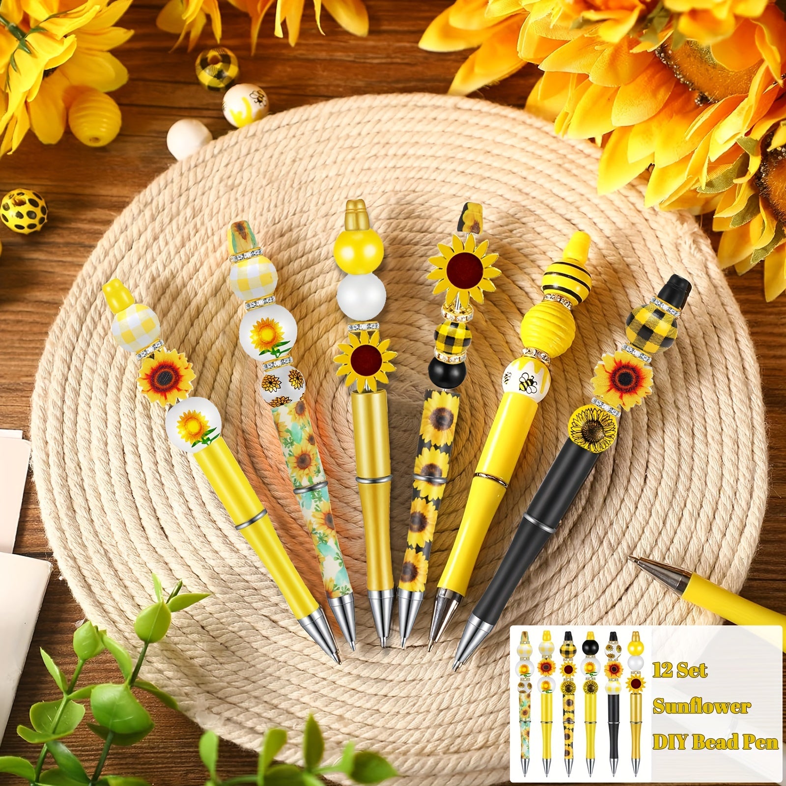 TEMU 12 Set Sunflower Diy Beadable Pens Bulk, Assorted Bead Pens Wood Beads Crystal Beads Set With Plastic Black Ink Ballpoint Pen Diy Beaded Pen Set