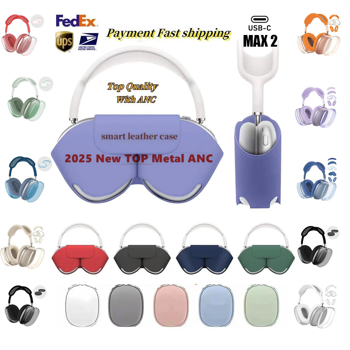 For apple headphones earbuds Headphone max Wireless Earphone pods maxes ANC Top Quality pro Max 2 Metal Earmuffs Smart Case