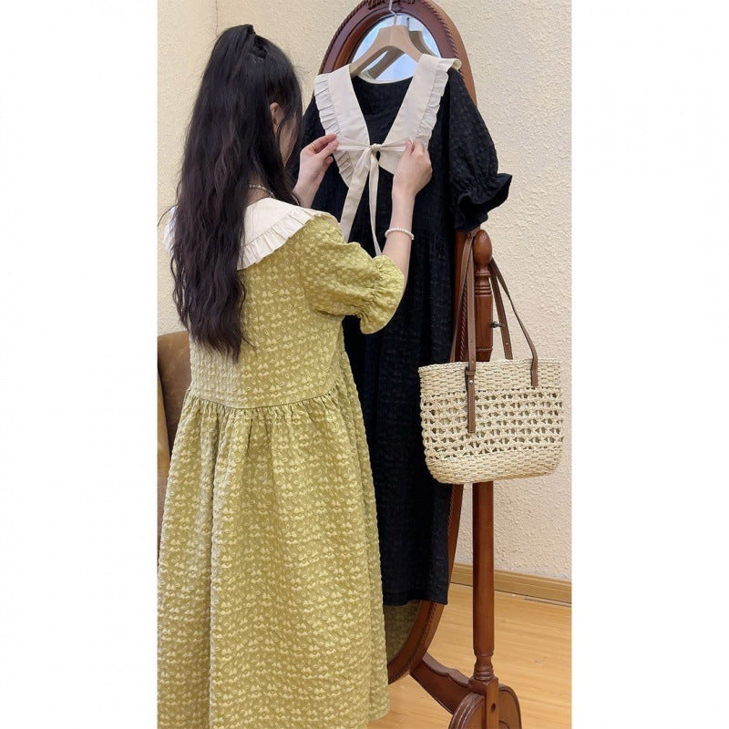 Large size sweet French jacquard doll collar dress covers the hips and makes you look thin and fashionable over the knee skirt. Fat can be sweet and