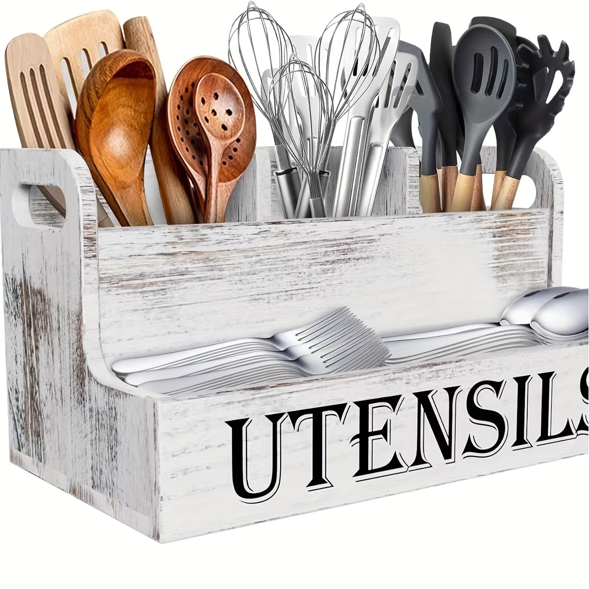 TEMU A Rustic Oversized White Wooden Kitchen Utensil Organizer With 4 Compartment Countertop Storage For Cooking Tools, Spices And Accessories,