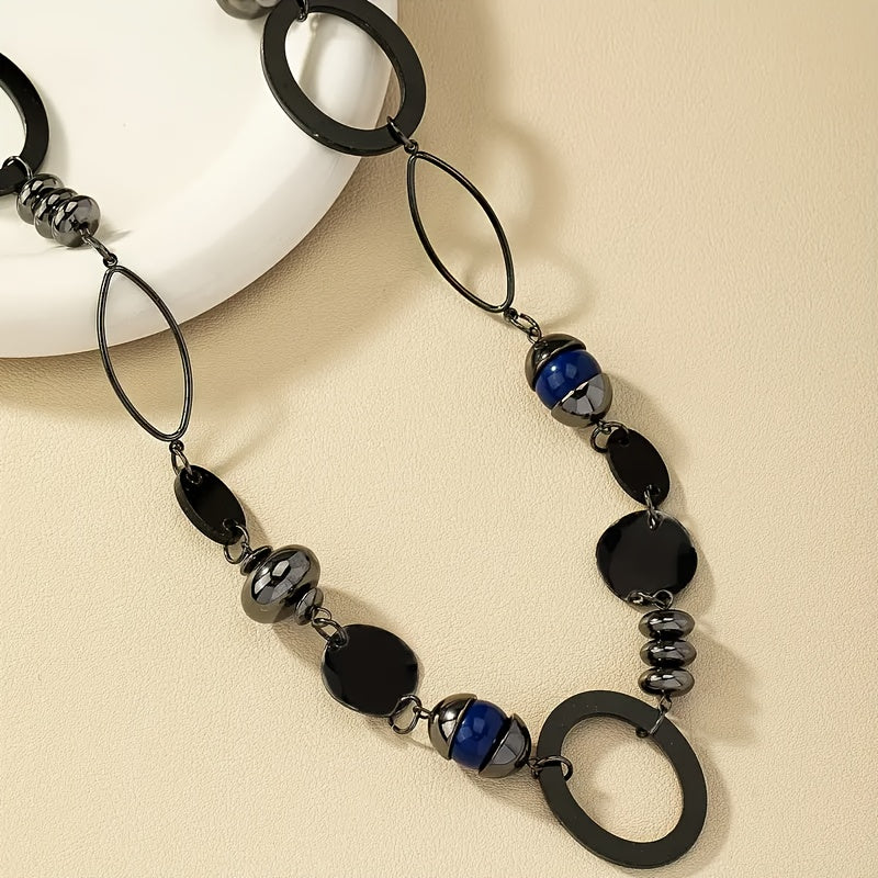 TEMU Vintage Black Long Necklace With Blue & Clear Resin Stones - Multi-strand Chains, Boho Chic Jewelry For Women, Casual Attire & Valentine's Day