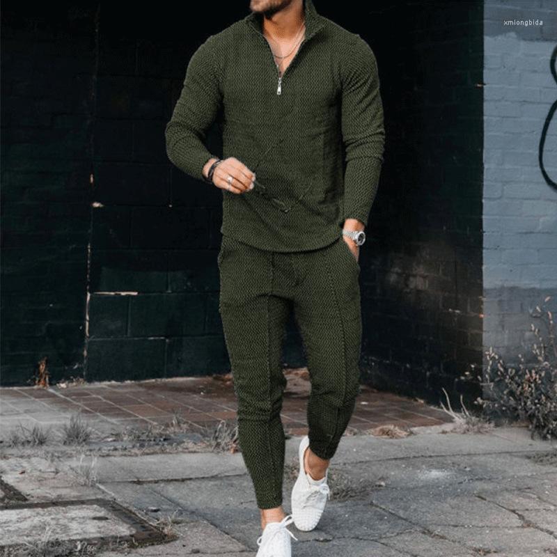 Men&#039;s Tracksuits Men&#039;s Clothing Men Sets 2 Pieces Textured Suit Long Sleeve Polo Sweat Pants Fashion Casual Half Zip Stand Collar