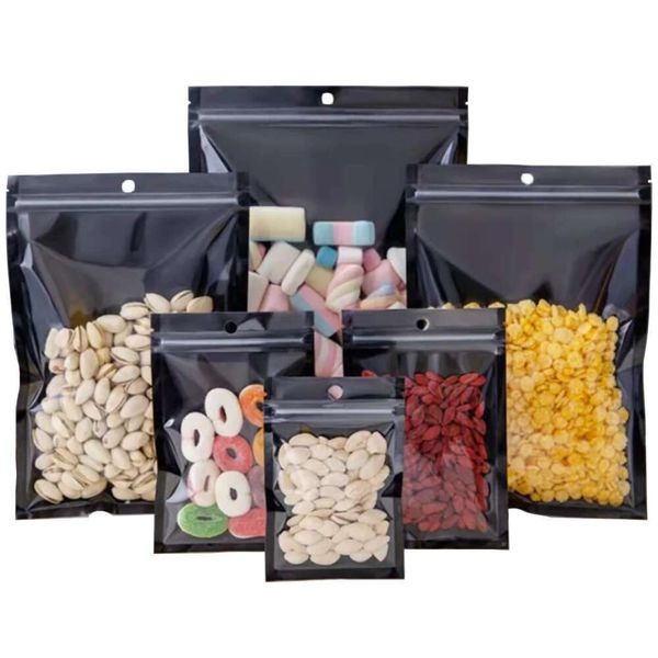 100Pcs-Lot Black Transparent Aluminum Foil Zip Lock Bag Hang Hole Tear Notch Food Dried Fruits Candy Tea Snacks Coffee Powder