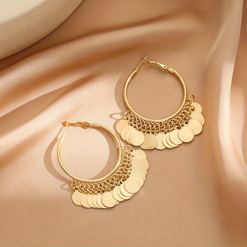 TEMU Pair Of Elegant Vintage Hoop Earrings With Exaggerated Hoops & Round Charms - Lightweight Alloy Jewelry For , Parties, Holiday Gifts - Women's