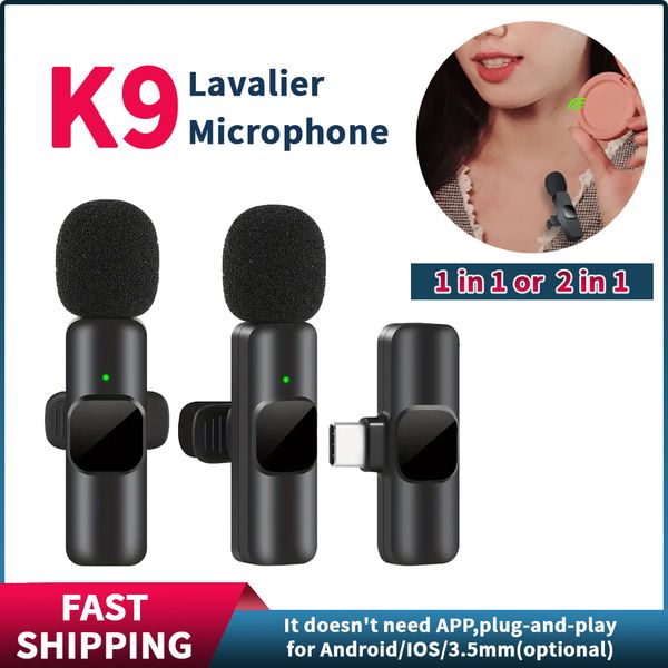 Portable Lavalier Wireless Microphone Studio Gaming for iPhone Type-C Lapel Clip Professional Live Broadcast Mini Mic Video Recording K9 Wir