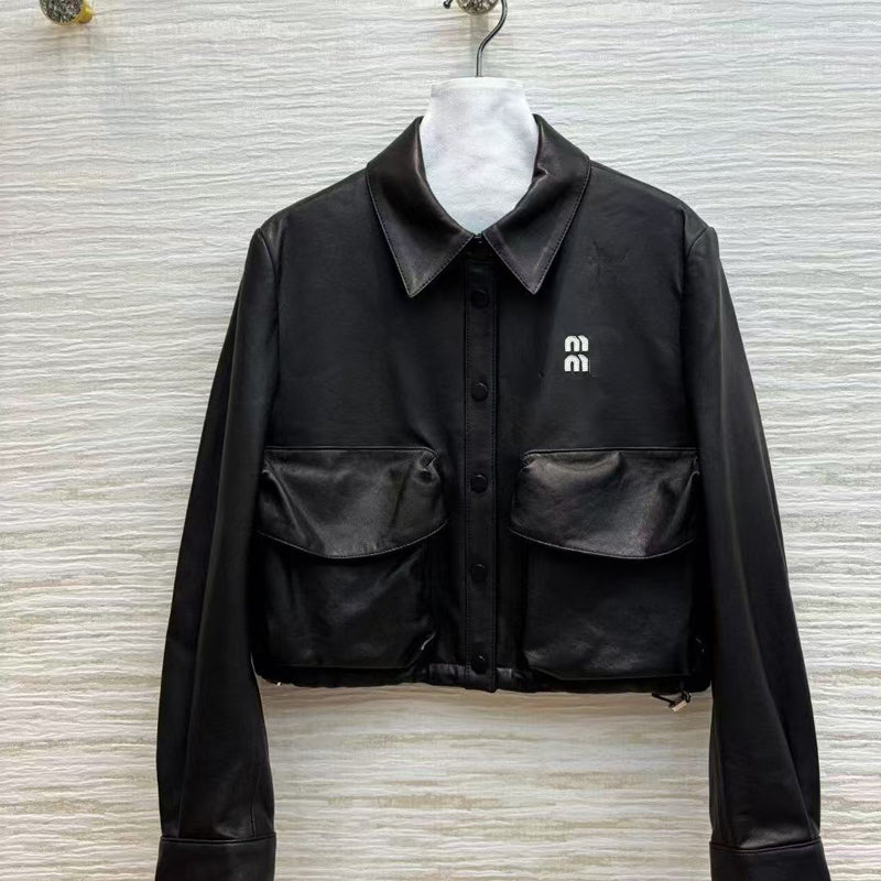 Leather Jacket womens fashion jacket motorcycle Coat high street clothing lapel large pockets Slim top versatile PU outerwear