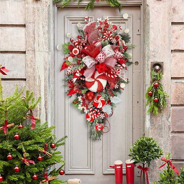 Decorative Flowers Wreaths Christmas Wreath Candy Cane Artificial Wreath Window Door Hanging Garlands Rattan Home Christmas Decoration 2023