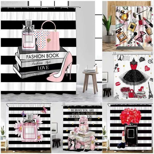 Shower Curtains Pink Perfume High Heel Shower Curtain Set Black White Stripes Fashion Girl Woman Bathroom Decor Polyester Bathtub Curtains H