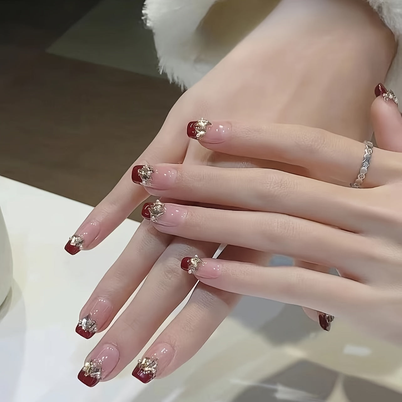 TEMU 24pcs Red French Ballet Press-on Nails With 3d & - Long Length Glossy Finish, Lightweight Reusable Fake Nails For Women, Application, Ballet