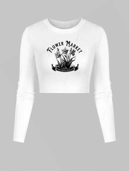Women&#039;s T-Shirt ZAFUL Womens Leisure Flower Market Letter Graphic Printing Daily Leisure Slim Crew Collar Crop Baby Long Sleeve T-shirt