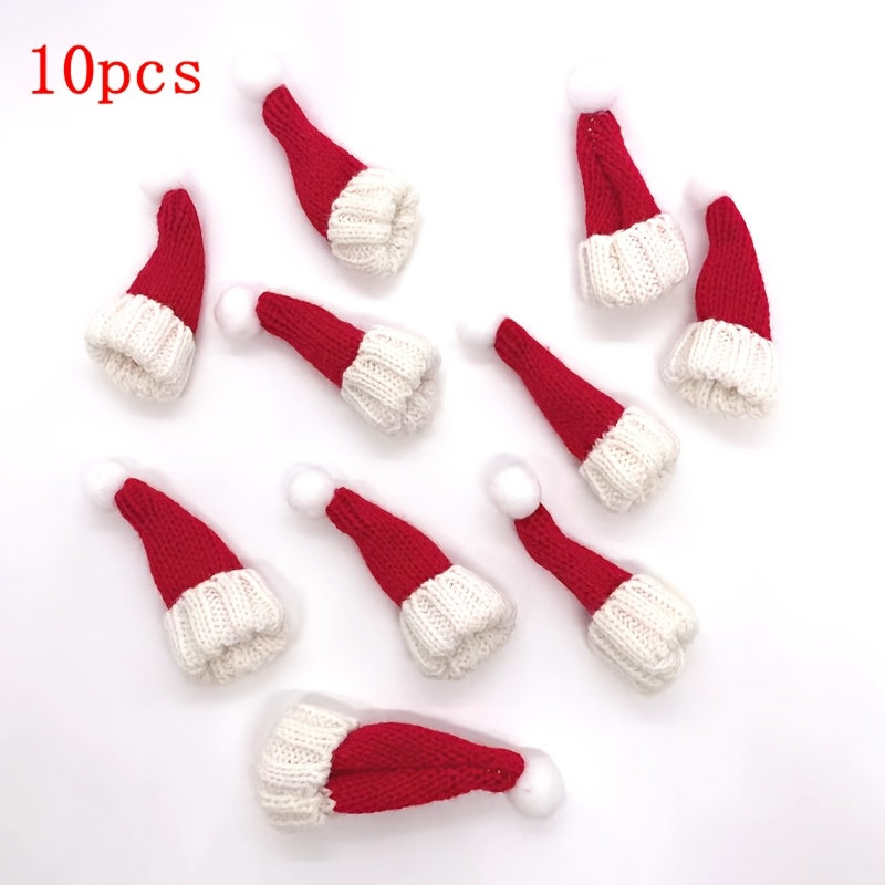 TEMU 10pcs Festive Mini Santa Hats - Fabric Christmas Tree Toppers, Non-electric, Non-rechargeable, Ideal For Holiday Crafts, Candy Covers, And Table