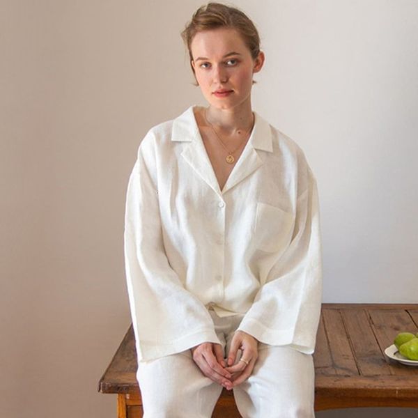 Women&#039;s Sleepwear Spring European American Cotton Linen Pajamas Casual Loose Fashion Long Sleeping Pajamas White Pajamas Women&#039;s 2