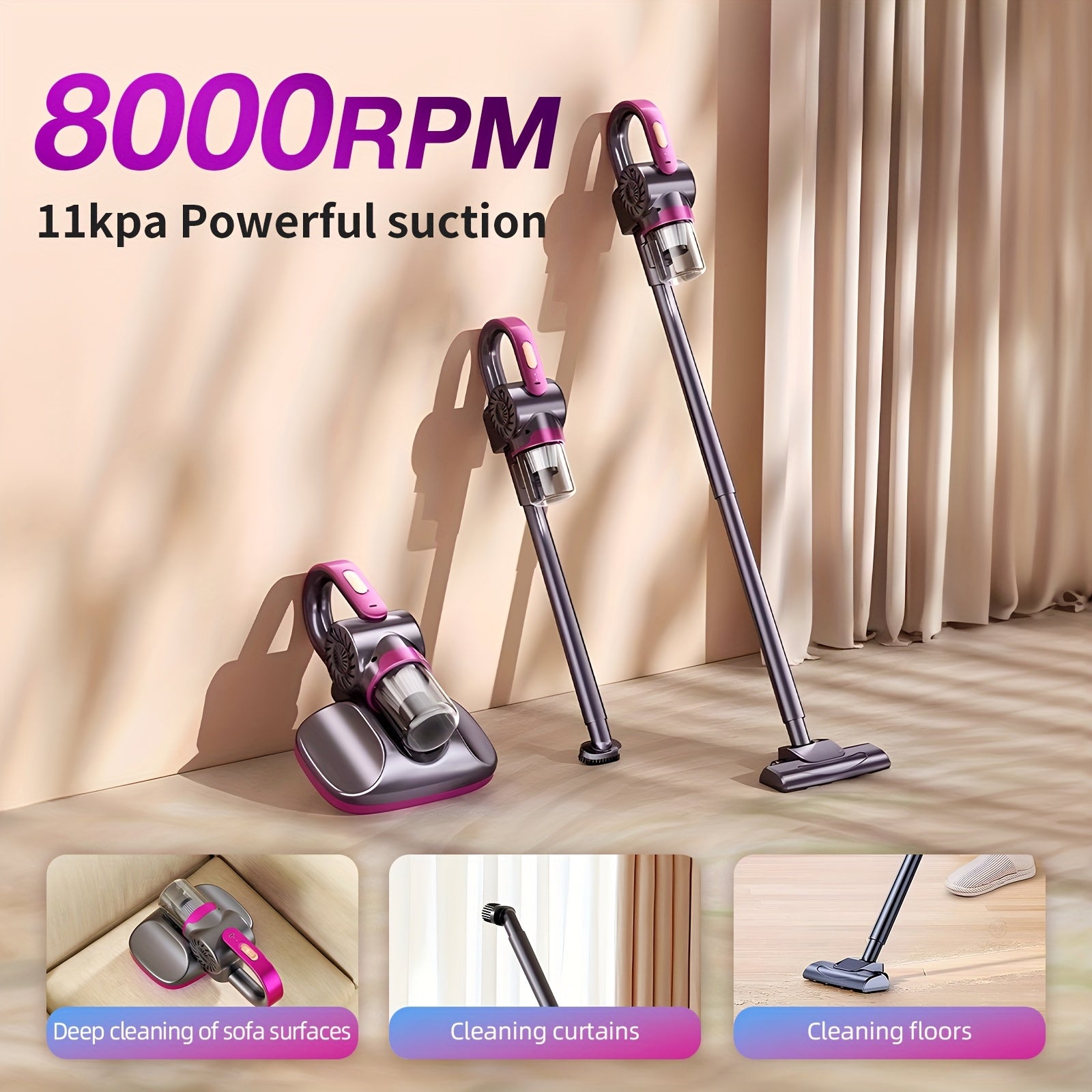 TEMU Mattress Vacuum Cleaner With 11kpa Strong Suction, 8000 Rpm Tapping Car Accessories For Deep Cleaning, Wide Suction Port, 2 Extension Rods,