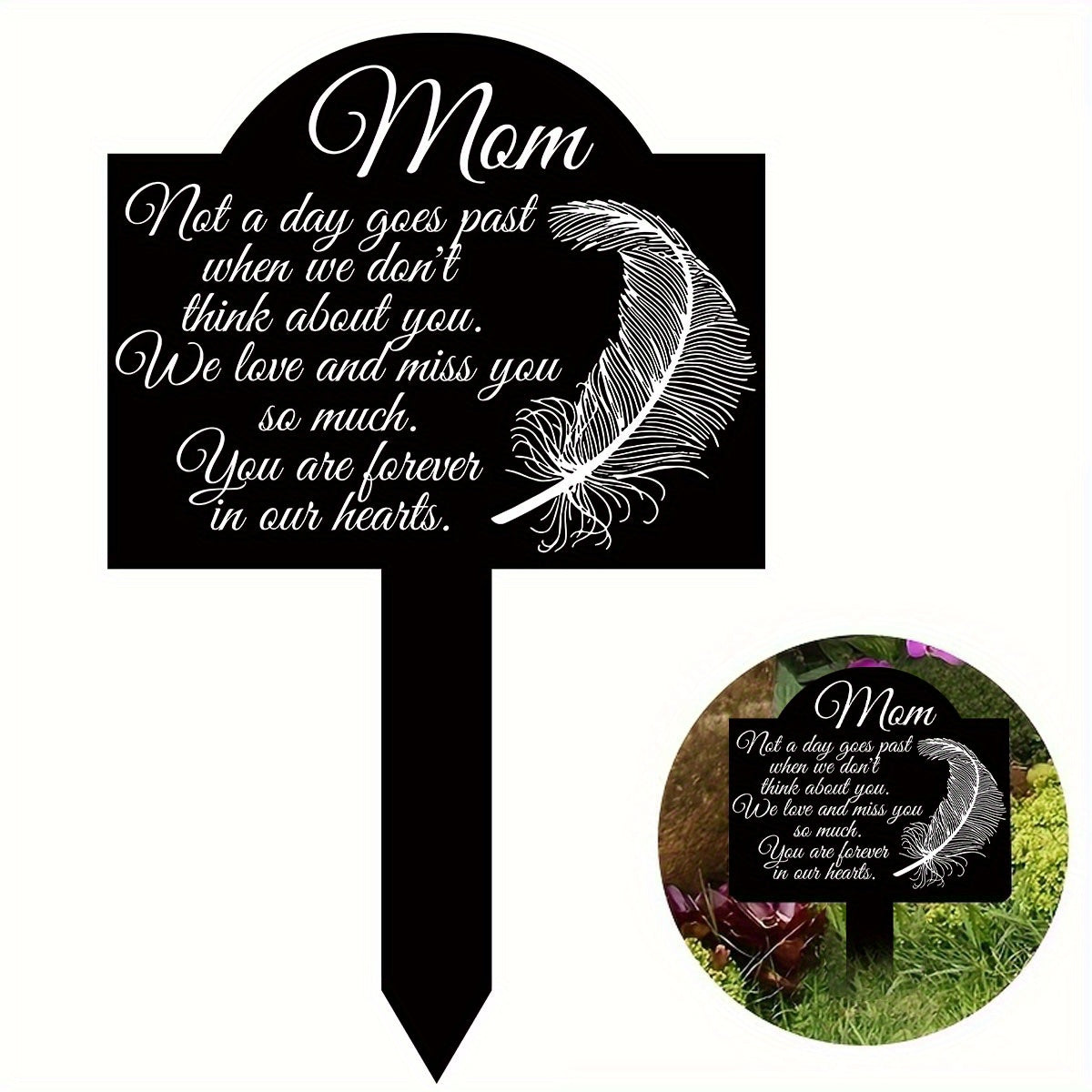 TEMU 2d Flat, 1pc Memorial Plaque For Mom - Name & Date Engravable Grave Marker, 4.92"x7.87" Black Acrylic Outdoor- Cemetery Stake With Feather-like