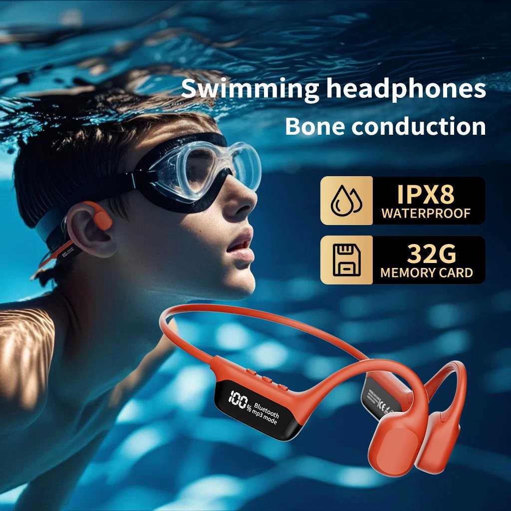 IP8 Waterproof Bone Conduction Headphones wireless connections 5.4 with LED Display Wireless Sports Earphones for Swimming Running L250809