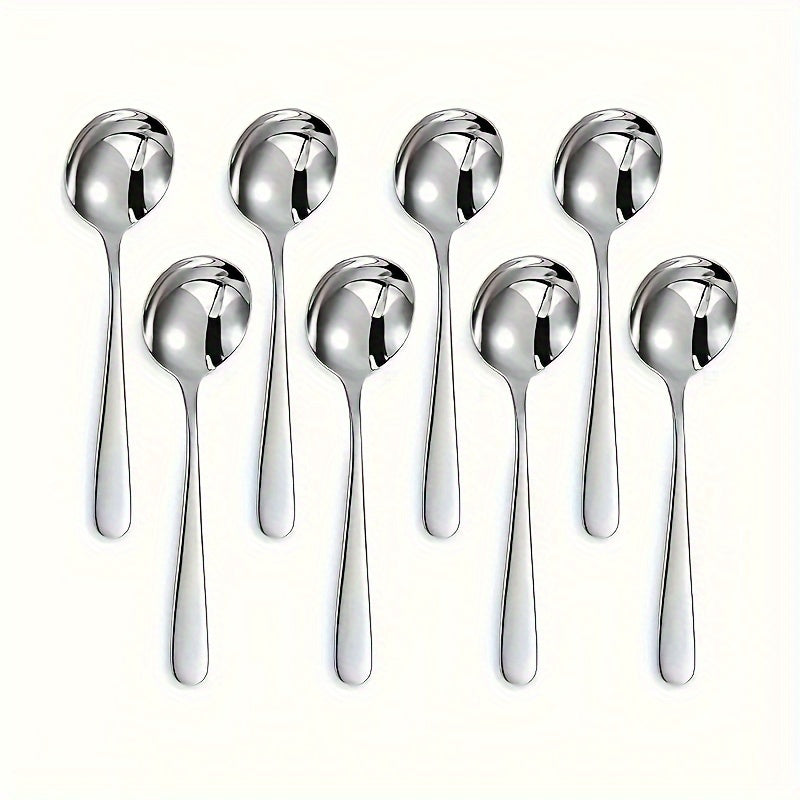 TEMU 8pcs Round Stainless Steel Spoon Set, Comfortable Grip, Elegant Cutlery, Dishwasher Safe