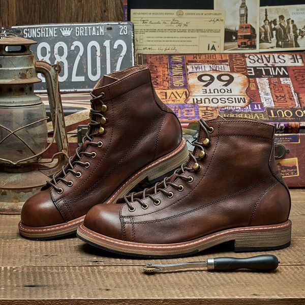 Handmade British Big Size Men Dress Cow Leather Shoes Autumn Winter Motorcycle Outdoor Toog Platform Boots Work