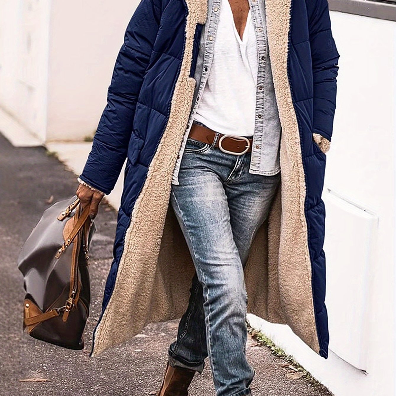 TEMU Women's Long Sleeve Coat - Elegant Lapel Collar Winter Jacket, Warm Outerwear For Fall-winter, Everyday & Formal Events - Women' Weather