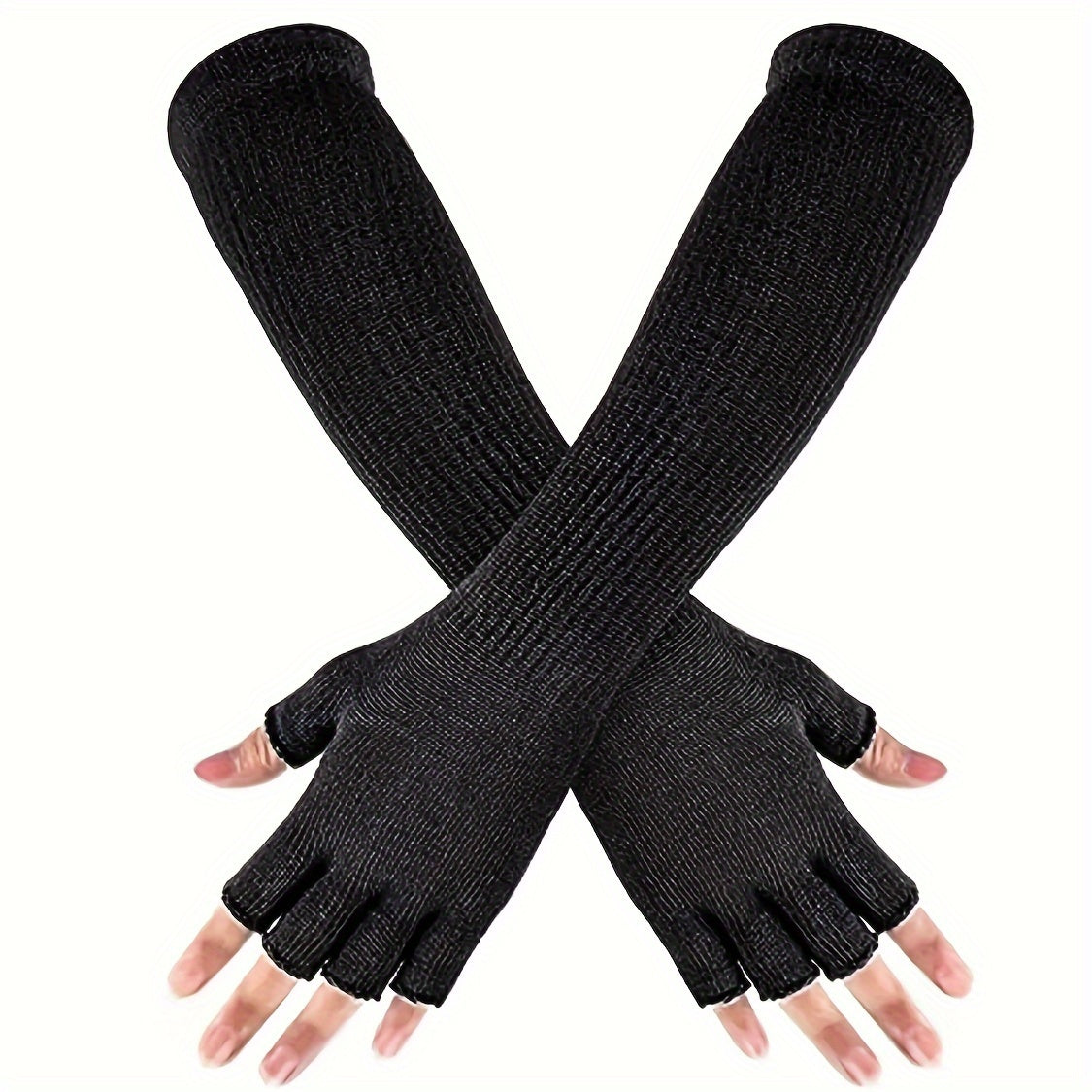 TEMU Women's Long Half-finger Gloves, Winter Warm Knitted Stretch Arm Sleeves, Casual Split Finger Cold-proof Gloves, Nylon Material, Hand Wash Or ,