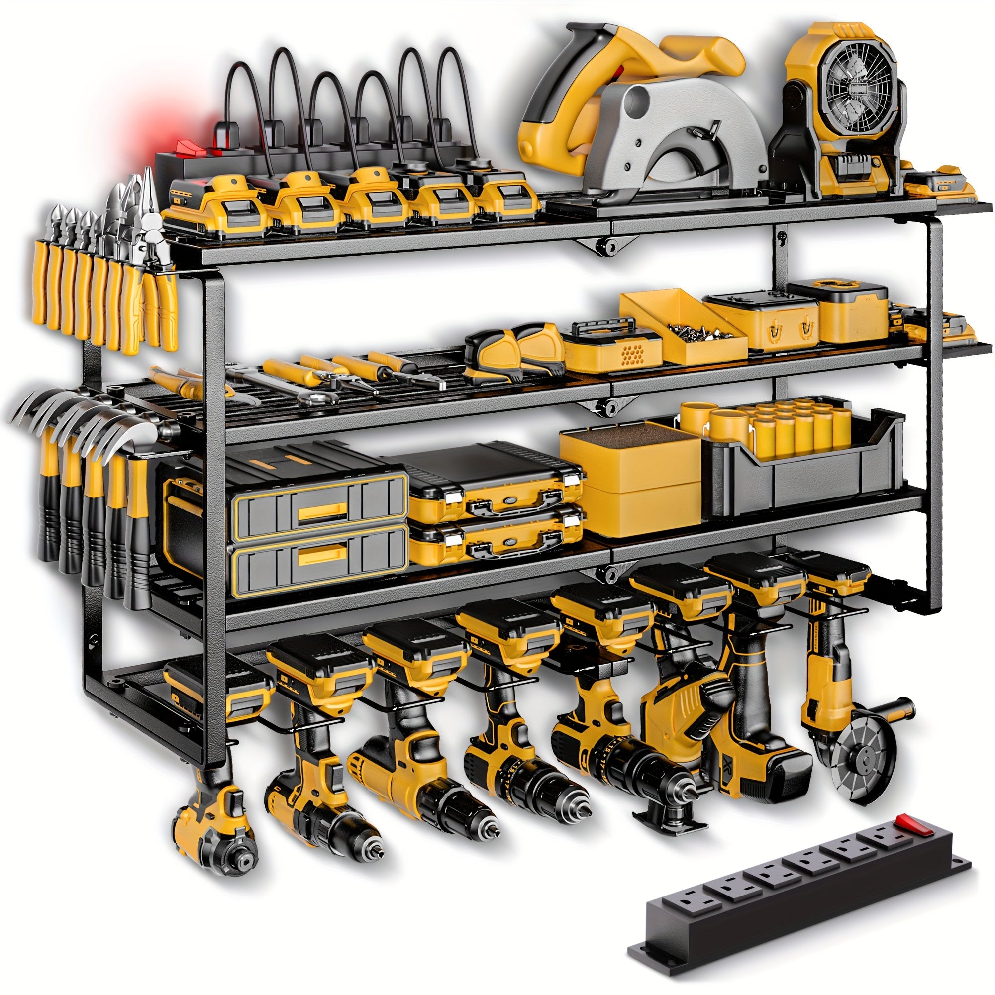 TEMU Power Tool Organizer, Quickly Assembled, 200 Lb. Load Capacity, With 6 Power Outlets, 8 Slots, 4 Shelves, For Securing Drill In Garage-workshop