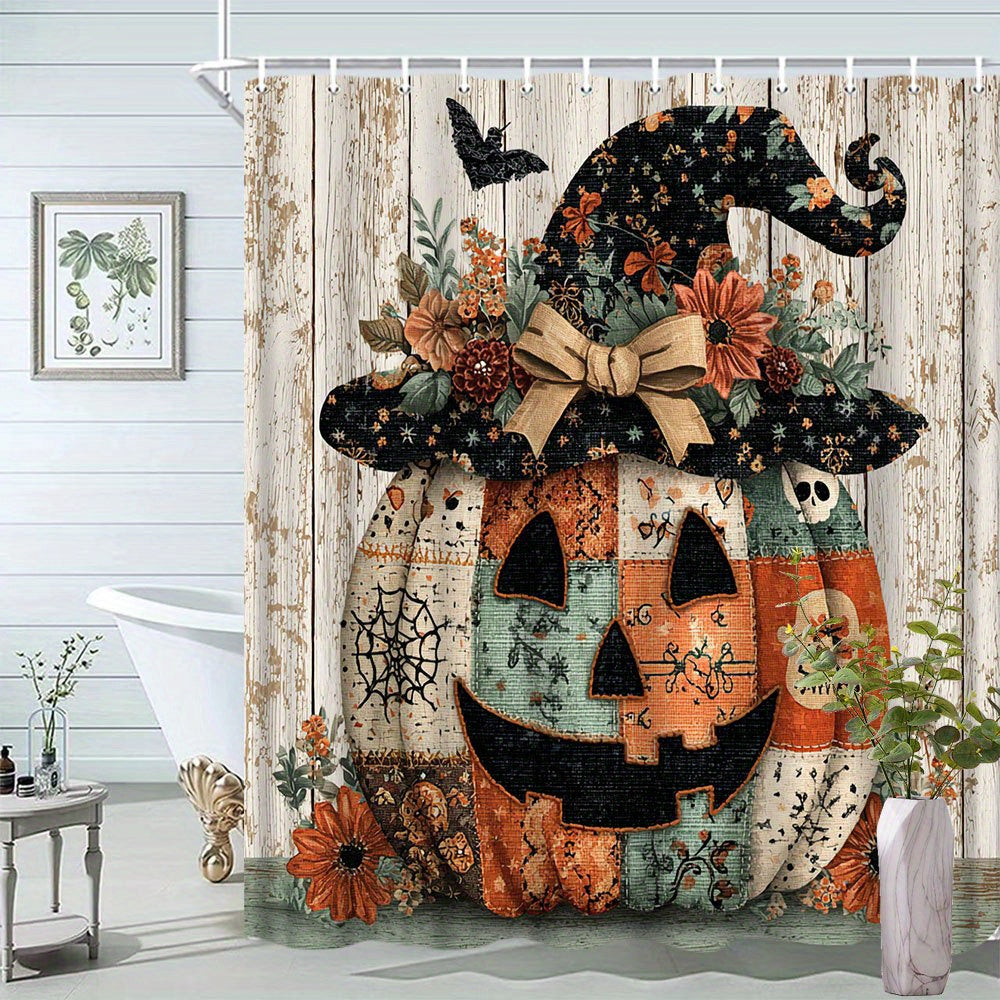 TEMU 1pc Vintage Halloween Pumpkin Shower Curtain - Rustic Fall-themed Design With , Hat & Autumn Flowers, Bathroom Decor, 70.86 X 70.86 Inches,