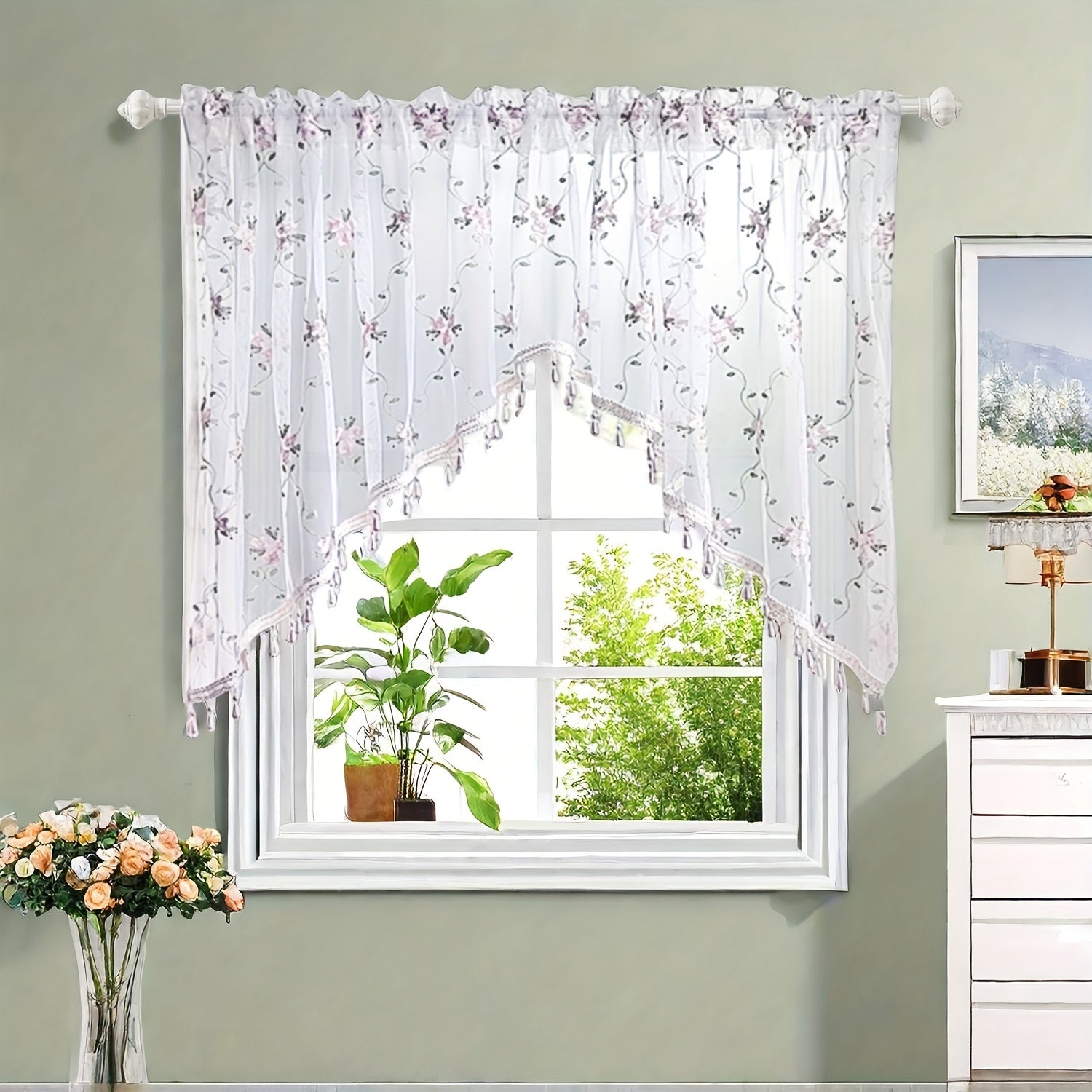 TEMU 1 Panel Vintage Floral Embroidery Lace Curtain - Lightweight Farmhouse Kitchen Window Drapery, Rod , Washable, For Seasonal Charm, Kitchen