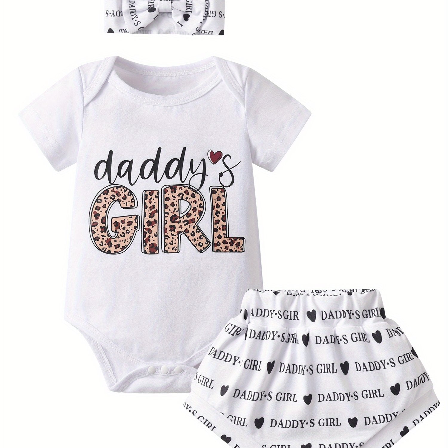 TEMU Newborn Infants Baby Girls Clothes Set Summer Letters Printed Short Sleeve Romper Top + Pp Shorts With Bow Headband Outfit For Girls, Outdoor