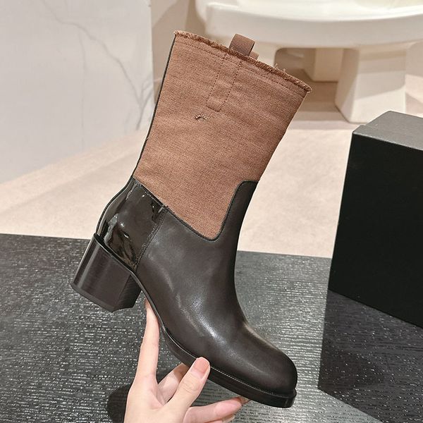 F-W Women Chunky Heels Ankle Boots Luxury Designer Slip On Outdoor Leisure Shoe Calfskin Canvas Ladies Outdoor Snow Boot Girls Casual Shoe F