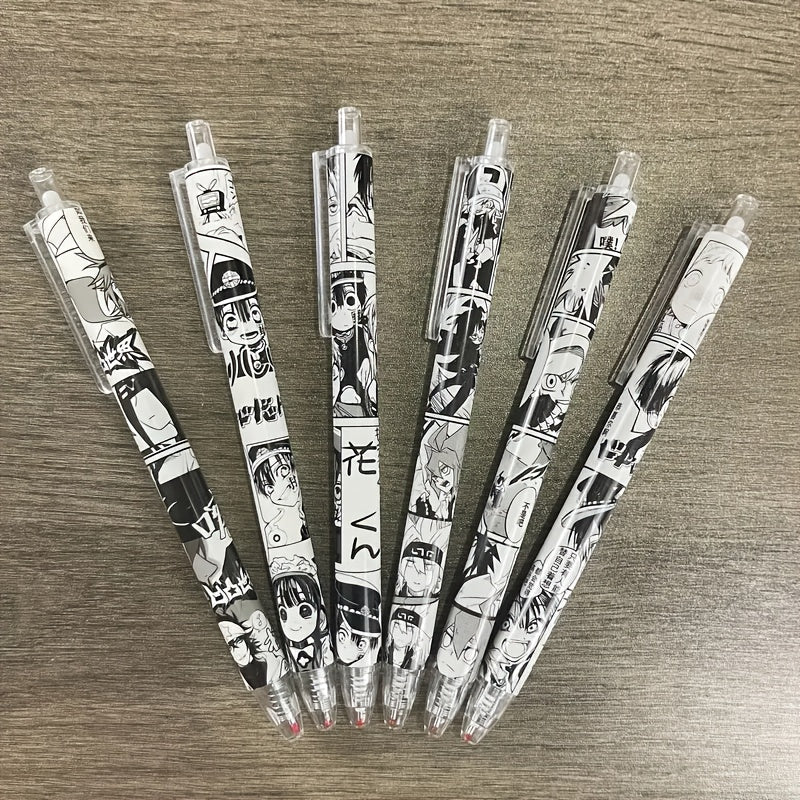 TEMU 6pcs Anime Gel Pens - Black & White Character Designs, Medium Tip, Plastic Construction, Note-taking, Office Supplies & Anime Fans, Anime