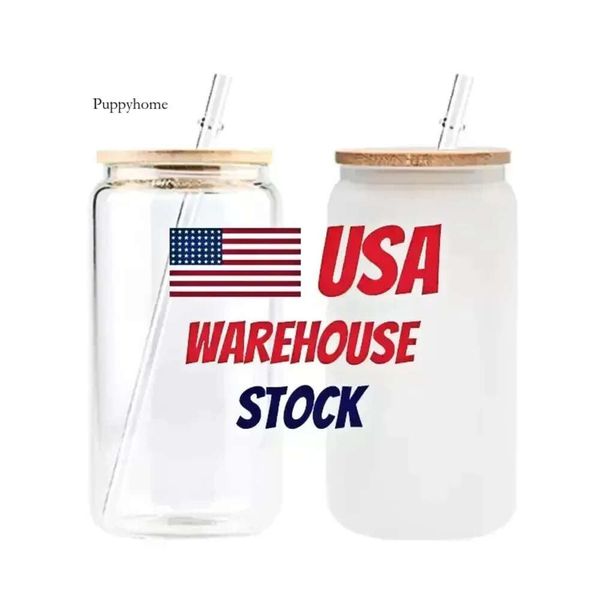 US CA Stock 16Oz Sublimation Cola Can Tumbler Clear Frosted Glass Jar With Bamboo Lid Wide Mouth Beer Cup Festival Party Wine Tumblers 0518