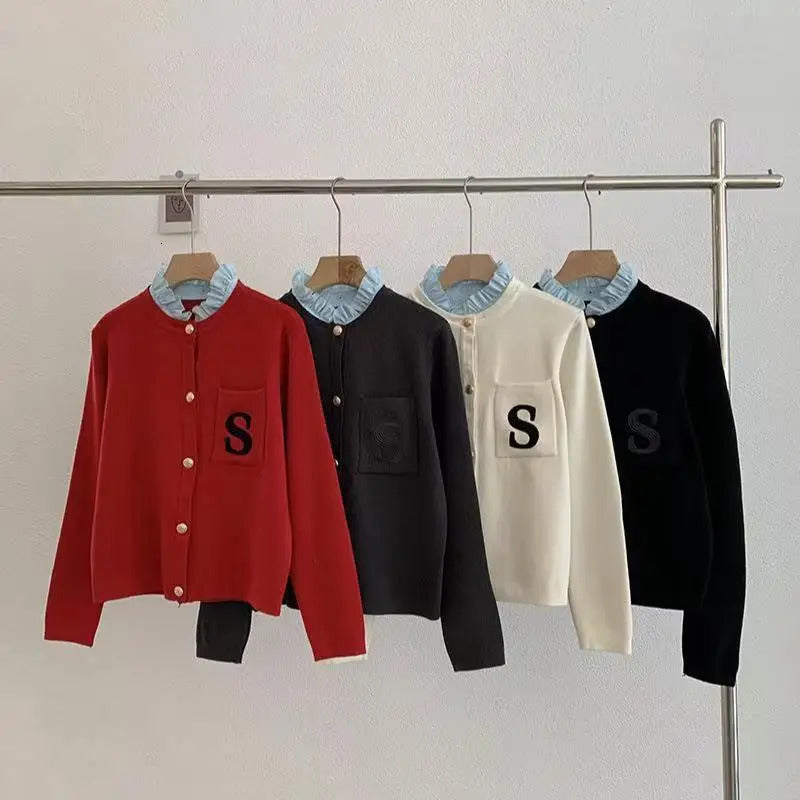 S Letter Embroidered Knitted Cardigan Y2k Detachable Ruffle Collar Womens Sandros Sweater Jacket 240131
