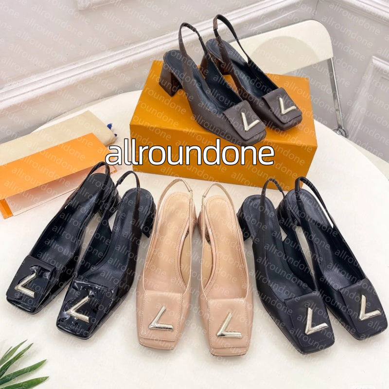 Designer heels dress shoes slingback heels women Mid heels sandals Classic patent leather square headed block heels chunky heels thick heels summer