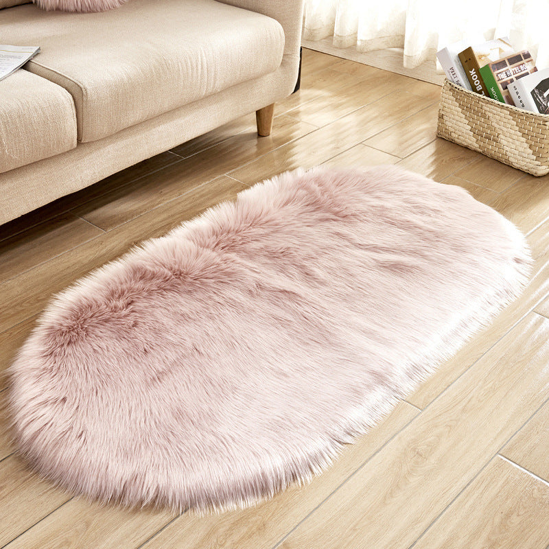 Plush Bedroom Living Room Carpet Oval Imitation Wool Bedside Blanket Modern Simple Solid Color Floor Mat Machine Washable