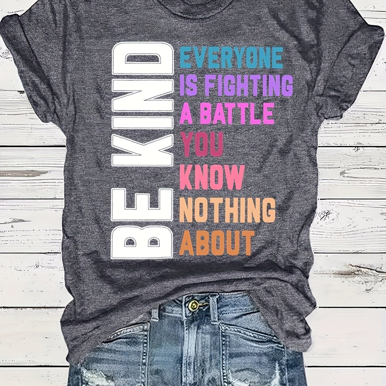 TEMU Plus Size Be Kind Print T-shirt, Casual Short Sleeve Crew Neck Top For , Women's Plus Size Clothing