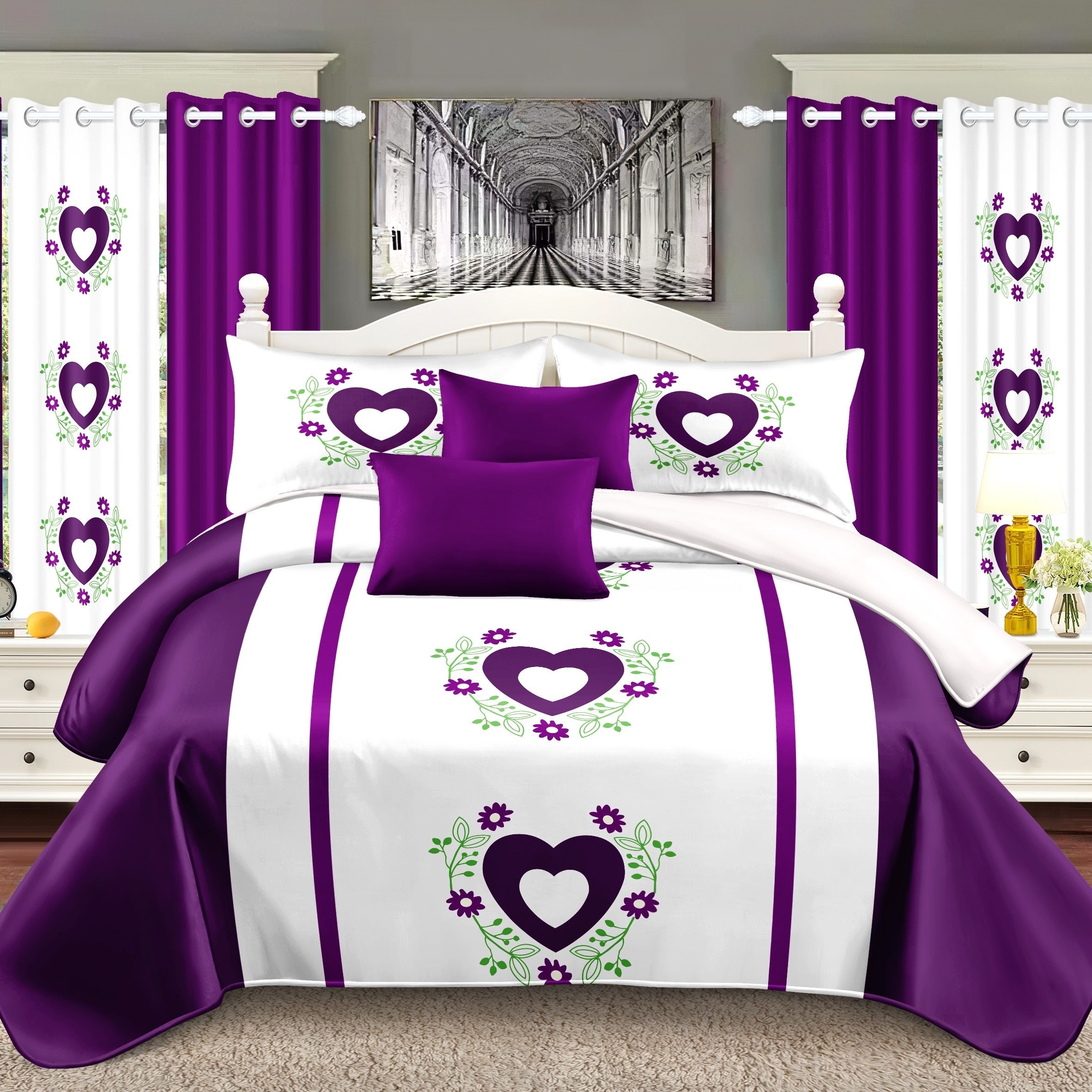 TEMU Traditional Style Pcs Bedspread Set With Pillowcases, Print Curtains, And Solid Curtains - Queen, King, And Cal King Sizes