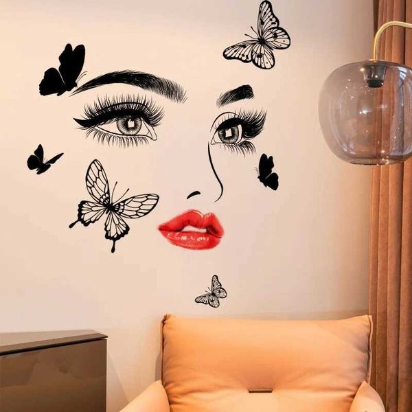 Red Lips Eyes Women Wall Sticker Decal Butterfly For Background Room Decoration Adhesive Wallpaper Self-adhesive Home Decor Y240730