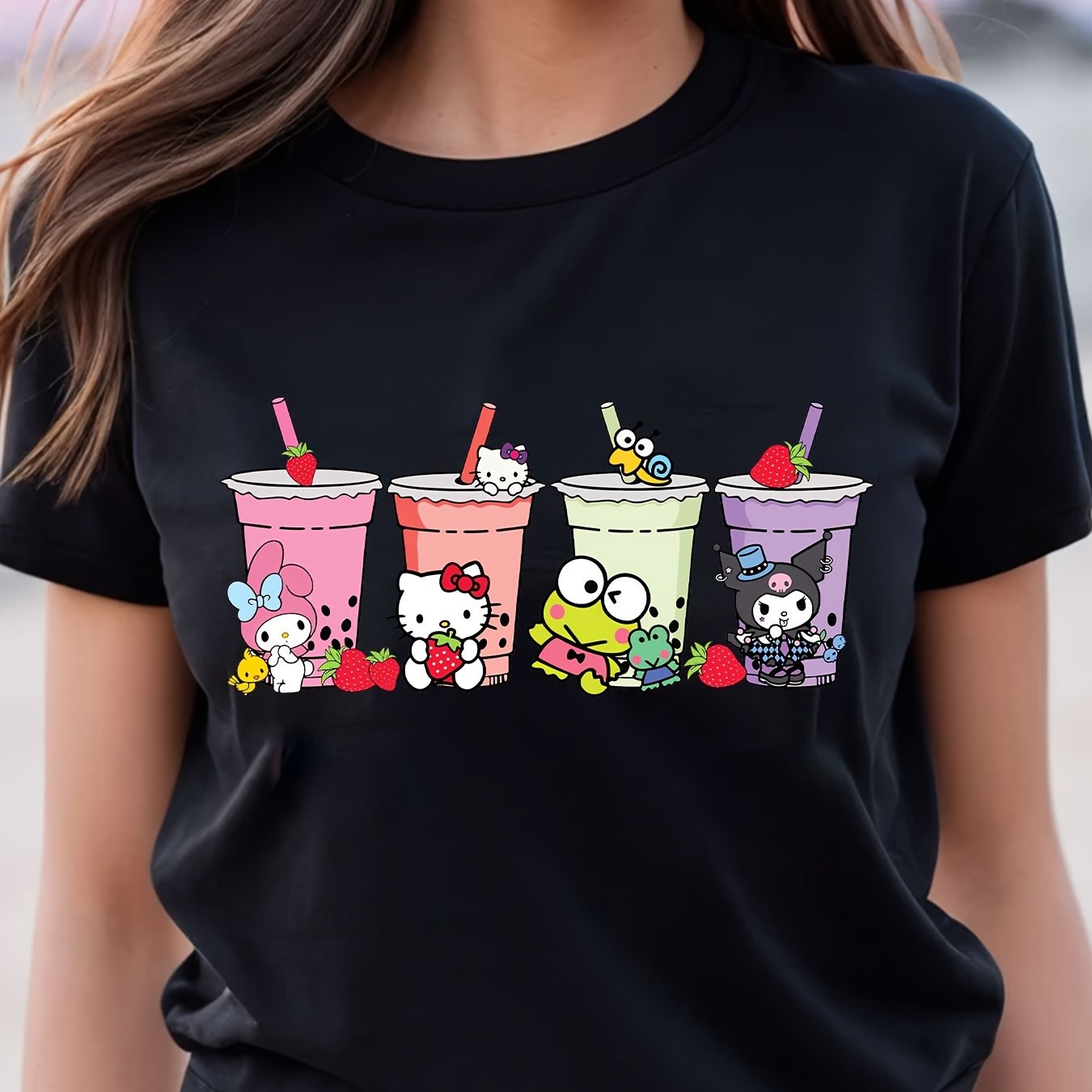 TEMU Hello Kitty & Cartoon T-shirt – Cute Short Sleeve Cotton Tee For Women And Teens, Featuring Hello Kitty, Cinnamoroll, Kuromi, Melody, And