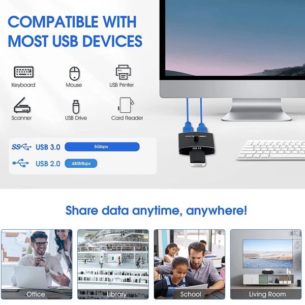 Kvm Switch USB 3.0 Selector Usb Switch 2 Pc 5Gbps 2 in 1 Out USB Switch USB3.0 Two-Way Sharer for Printer Keyboard Mouse Sharing