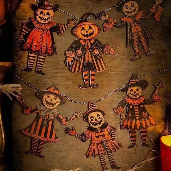 Halloween Bunting Decorations Vintage Bunting Wooden Banner Decor Treat Witch Banner Pumpkin For Party Holiday Wall Decor Y240801