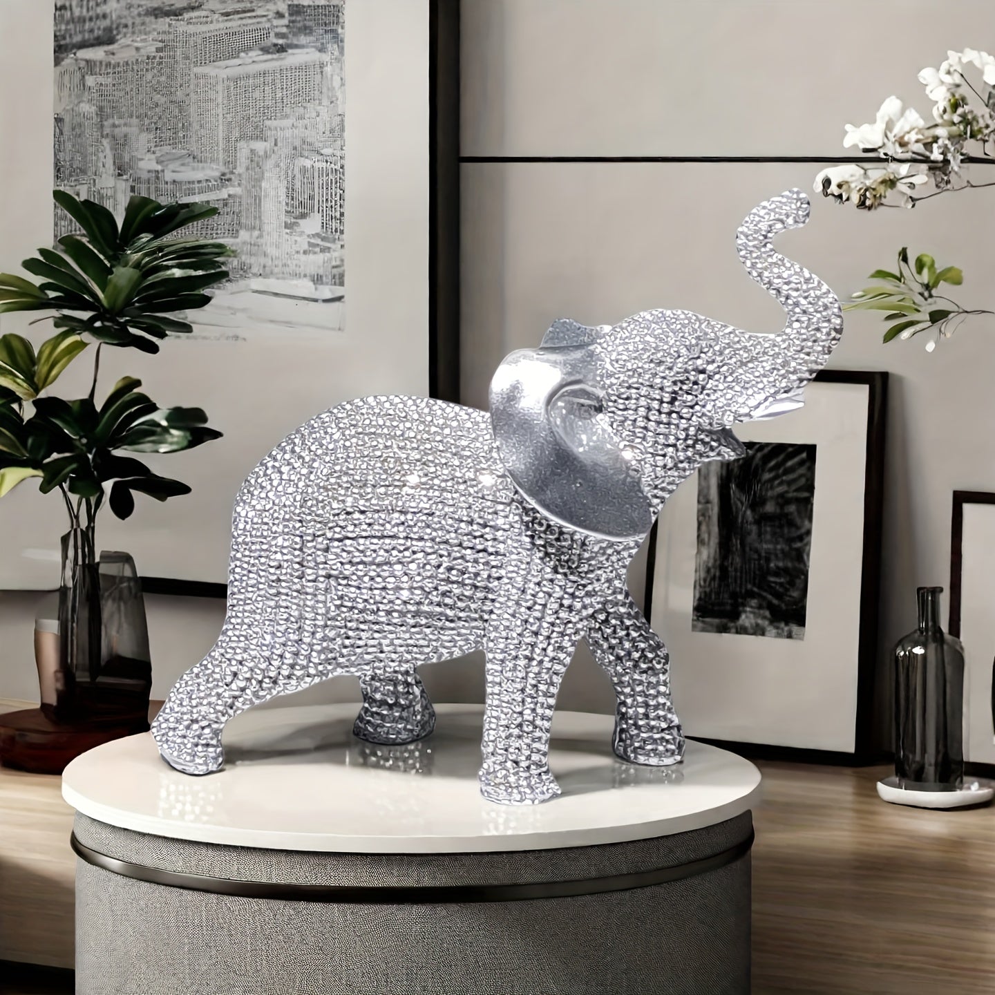 TEMU Sparkling Elephant Figurine - Golden & Silvery Resin Desktop Decor With Intricate Beadwork, Perfect For Home, Bookshelf, Or Holiday Gifts,