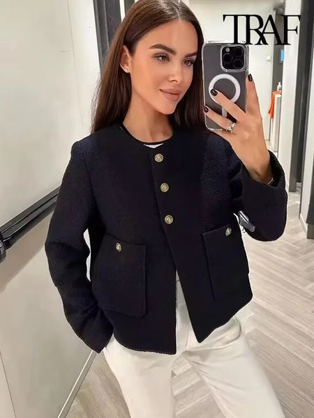 TRAF Women Fashion With Pockets Tweed Jack Coat Vintage Long Sleeve Front Button Female Outerwear Chic Tops 250103