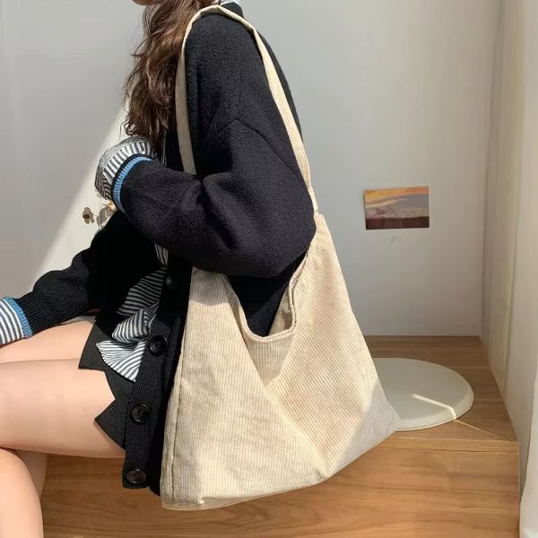 Women Striped Corduroy Bags Simple Canvas Zipper Crossbody & Shoulder Bag Eco Cloth Purse Solid Books Handbags for College Girls swissmilita