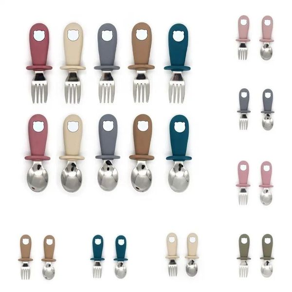 Baby gadgets tableware sets children&#039;s tableware stainless steel silicone toddler tableware tableware cartoon baby food feeding spoon f
